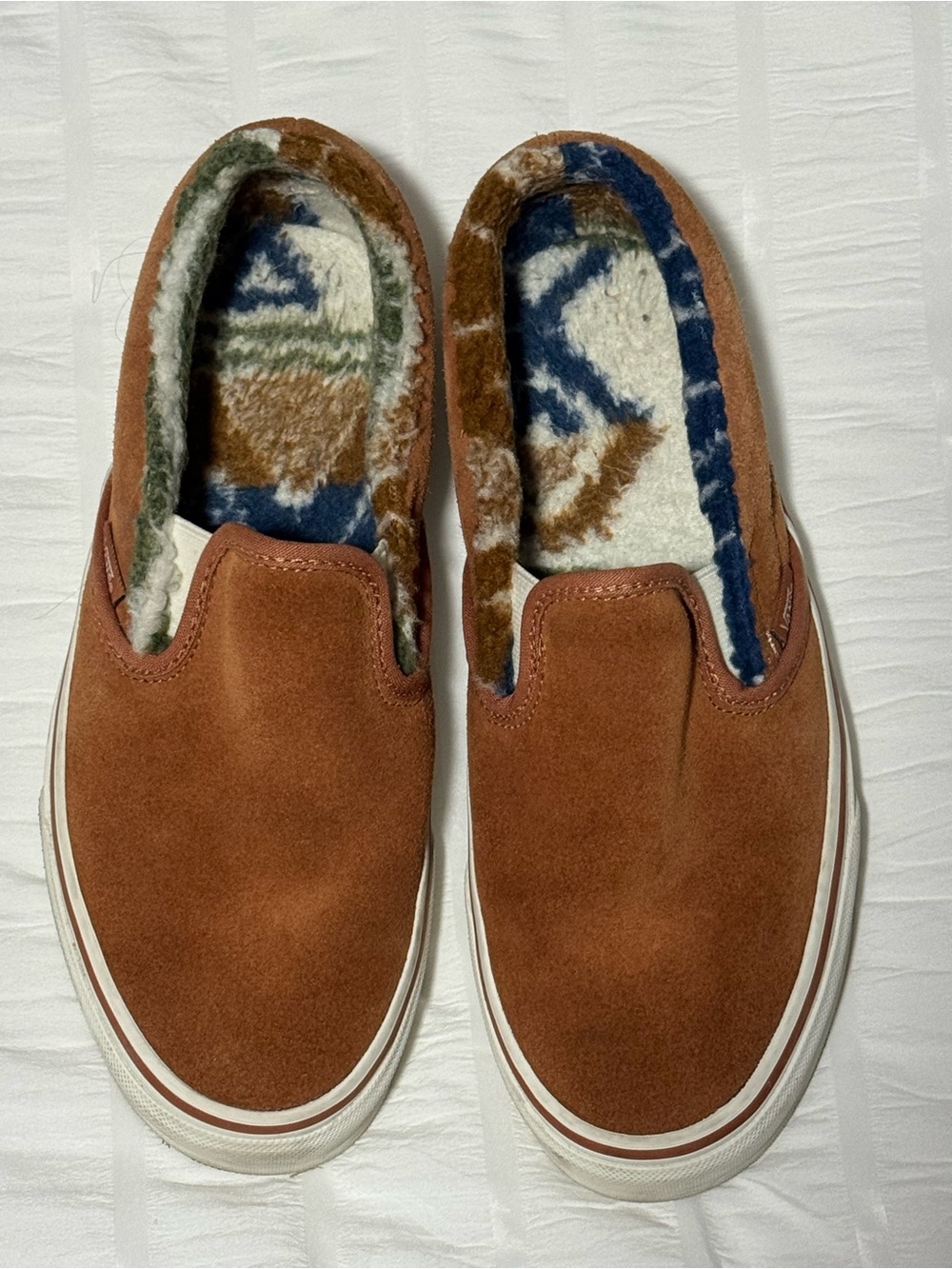 Vans Slip-On Suede Sneakers in Rust Brown with Patterned Liner